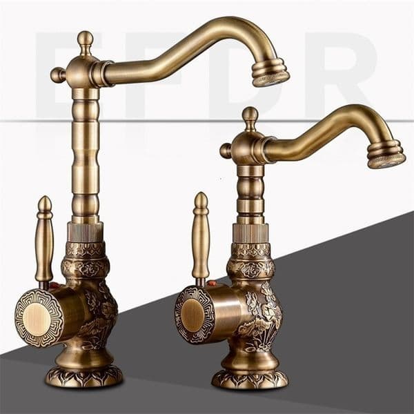 Bathroom Sink Faucets Basin Faucet Antique Copper Brass Bathroom Carved Faucet Long Nose Spout Wash Sink Tap 360 Rotation Single Handle Mixer Tap 230311
