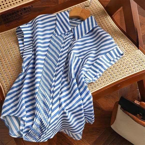 Chiffon Womens Shirt Stripe Vintage Blouses Summer Sleeveless Women Tops Pockets Loose Fashion Clothing 250618