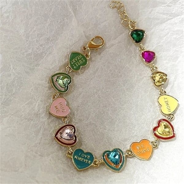 Colorful Rhinestones Love Heart Bracelets for Women Sweet Y2k Aesthetic Jewelry 240423