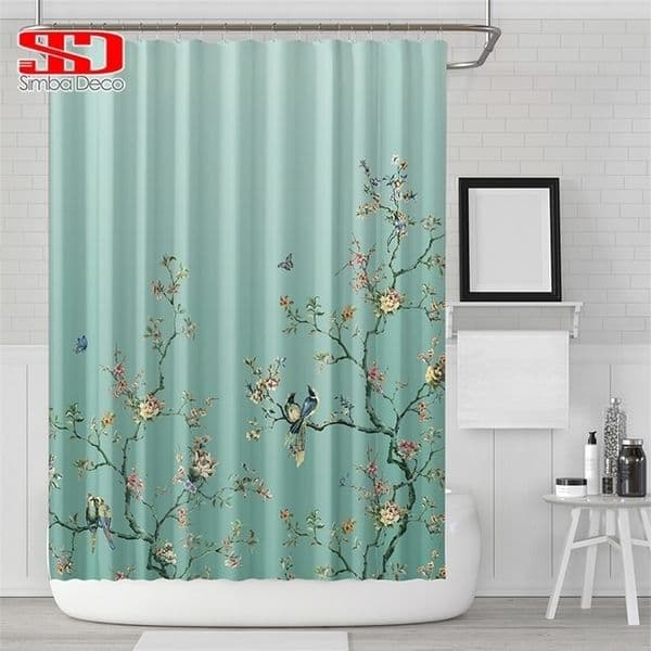 Chinese Birds Gradient Shower Curtains for Bathroom Magpies and Plants Green Waterproof Fabric Polyester Bath Decor 180 x 180cm 201127