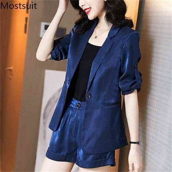 Summer Office Korean Two Piece Sets Outfits Women Short Sleeve Blazer + Shorts Suits Elegant Workwear Ladies Fashion 210513