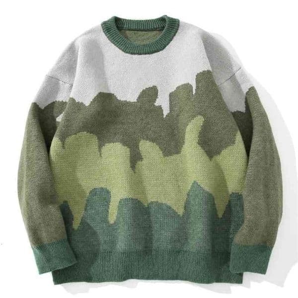 Harajuku Sweater Pullovers Men Gradient Striped Jacquard Knitted Hip Hop Retro Camouflage Print Streetwear Sweatshirts 210812