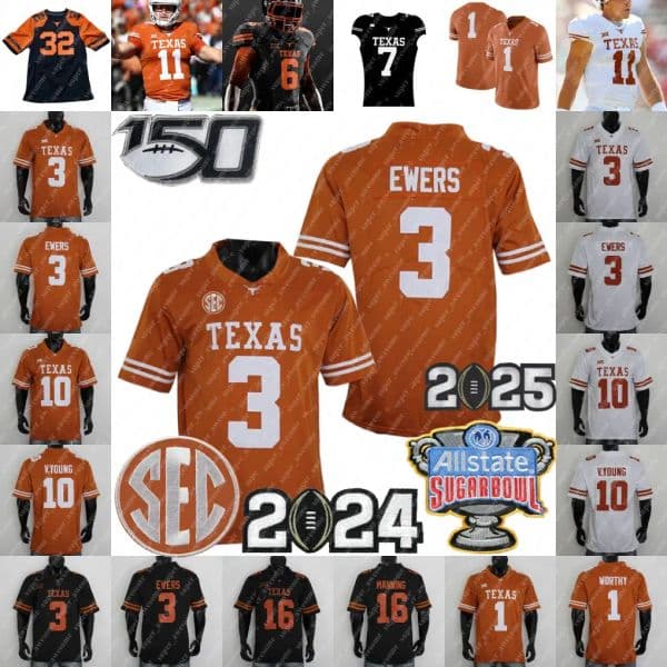 Texas Football Jersey Arch Manning Ryan Wingo Cam Coleman Dia Bell Colin Simmons Raleek Brown Hollywood Smothers Shipley Vince Young Ricky Williams McCoy HOOK'EM
