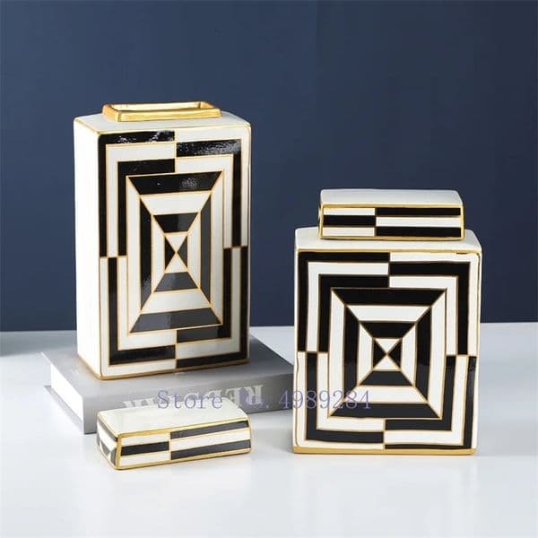 Ceramics Square Storage Tank Vase Geometric Pattern with Cover Marbling Handicraft Display Storage Organization Home Decoration 240229