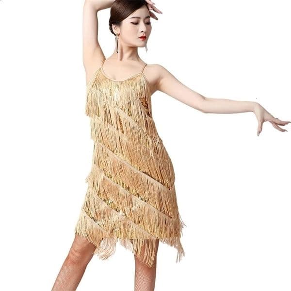 Womens Salsa Latin Dance Dress with sequins tassel edges and lapel 1920s Gatsby Cocktail Dress Tango Dance Hall Dance Dress 250423