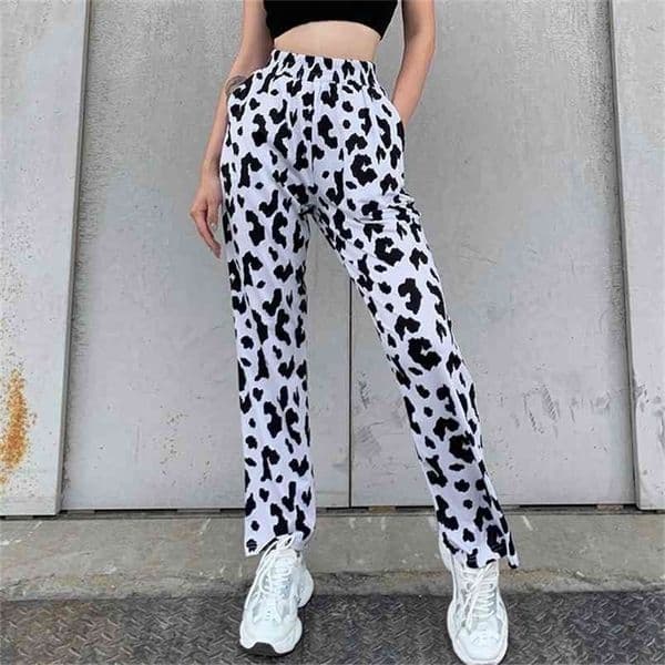 Milk Cow Print Harajuku Female Elastic High Waist Y2k Pants For Women Tie Dye Sweatpant Long Straight Trouser Streetwear 210510