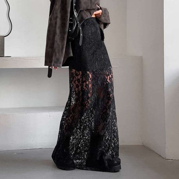 European and American Retro Versatile Black Polyester Lace See-through Sexy Ankle-length Summer Fashion Mid-waist Commuter Half Skirt for Women