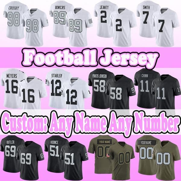98 Maxx Crosby Football Jerseys 2 Ashton Jeanty 89 Brock Bowers 7 Geno Smith 58 Jackson Powers-Johnson 16 Jakobi Meyers 12 Aidan O'Connell 69 Adam Butler Malcolm Koonce