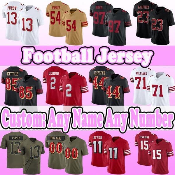 85 George Kittle Football Jerseys 13 Brock Purdy 54 Fred Warner 97 Nick Bosa 23 Christian McCaffrey 44 Kyle Juszczyk 2 Deommodore Lenoir 71 Trent Williams 15 Jennings