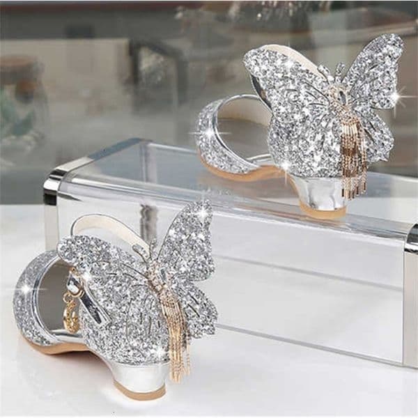 Sandals Princess Kids Leather Shoes For Girls Glitter Butterfly Knot Dress Banquet Party Children High Heel Shoe For kids Girls Sandals 230317