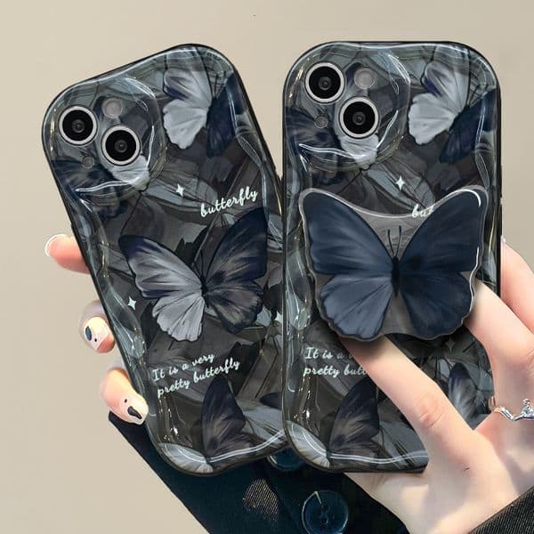 Black Butterfly Phone Case Compatible with iPhone 17 Pro Max , Cute Butterfly Kickstand Design, Slim Soft Silicone Butterfly Bracket Bumper Cover for Women Girl