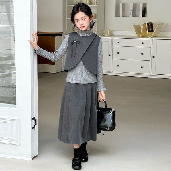 D417 Girls suits spring and autumn 2025 new sweet girl bottoming shirt vest skirt three-piece suit children's autumn clothing