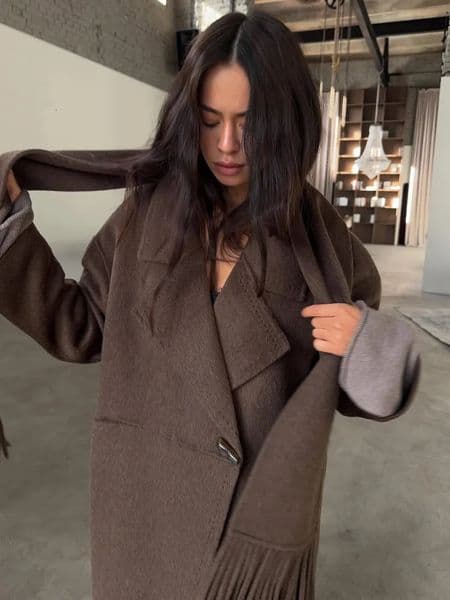 Fashion Scarf Collar Woolen Overcoat Women Elegant Lapel Full Sleeve One Button Loose Coat 2025 Autumn Lady Commute Outwear 250930