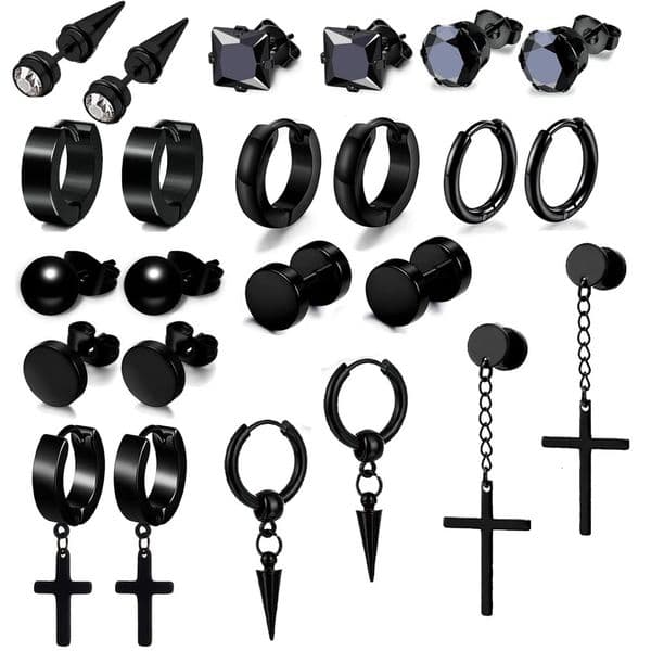 1 Pair Stainless Steel Cross Dangle Hoop Earrings Kit Fashion CZ Stud Piercing Jewelry Set for Men and Women Black Silver Gold 250930