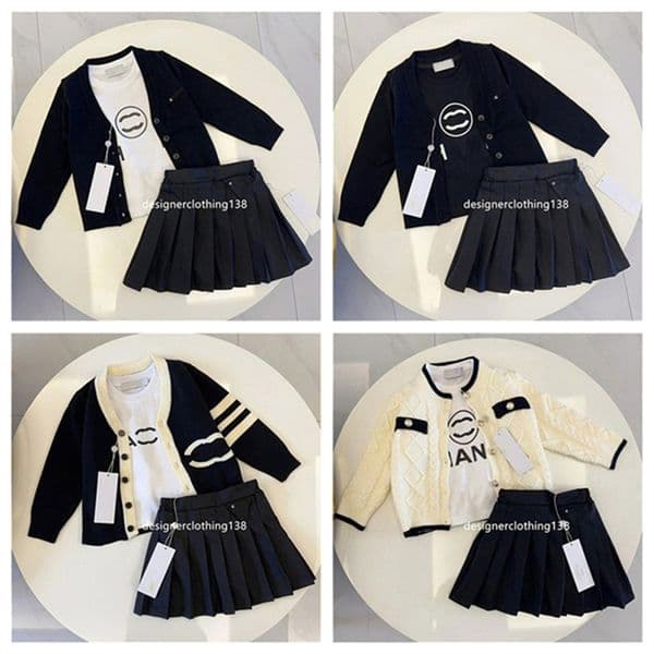 2026 latest designer girls kids dress set knitted top knitted skirt white base shirt T-shirt girls three piece set B122