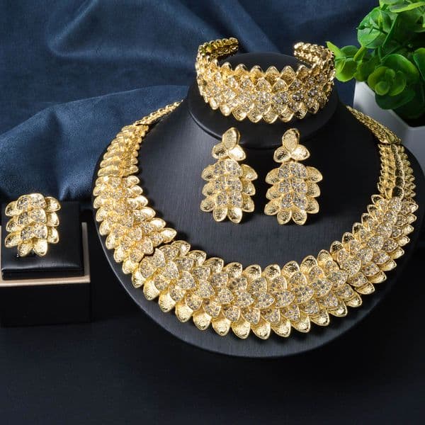 Jewelry 5-Piece 18K Gold Leaf Multi-Layered Full-Diamond Jewelry Set for Middle Eastern Banquets - Necklace, Bracelet, Earrings, Ring | Unique Jewelry Set