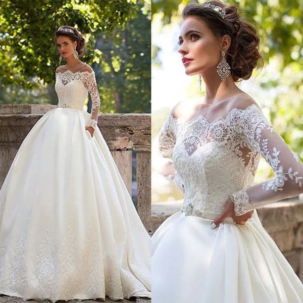 Ivory Princess Wedding Dresses With Pockets Long Sleeves Lace Appliques Sheer Bateau Neck Long A Line Satin Bridal Gowns Custom Made 2025 Vestido de Novia