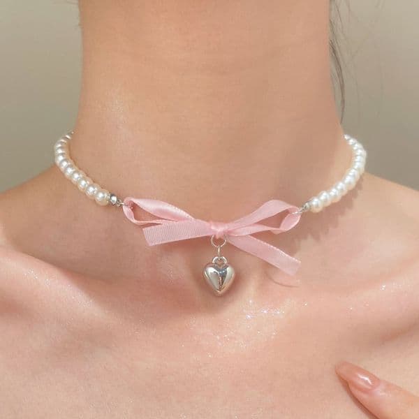French Romantic Pink Bow Heart Pendant Pearl Necklace Internet Celebrity Sweet Pure Desire Choker Collarbone Chain for Women