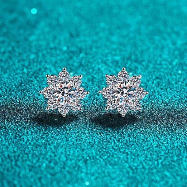 Cartilage Hoop Earrings Sterling Silver Snowflake Design - Christmas Earrings for Women, Round Cut Simulated Diamond Studs in Plated Metal