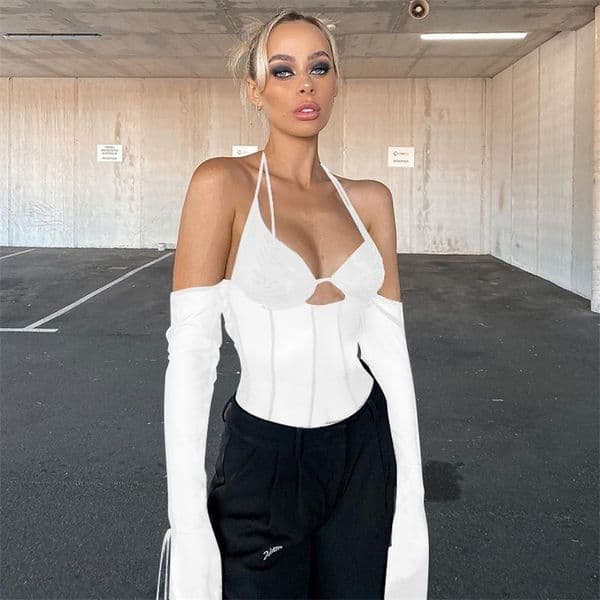 Womens TShirt Women Sexy Mesh Patchwork Sheer Blouses Tops Halter Neck Open Back Flared Sleeve Bandage Shirts 230510