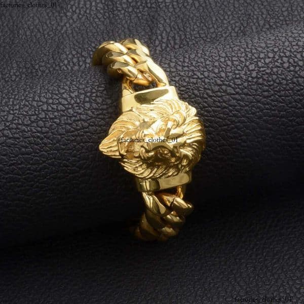 Real Gold Plated Miami Cuban Link Chain Lion Head Men Hip Hop Stainless Steel Jewelry Bracelets aaa