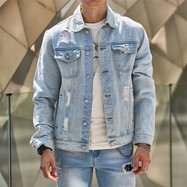 Fashion Streetwear Men Ripped Slim Denim Jacket Male High quality Distressed Casual Jean Coat 240201