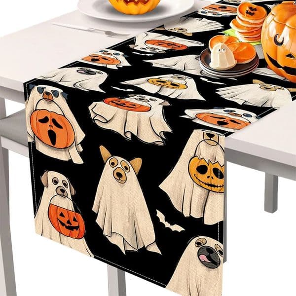 Halloween Spooky Ghost Dog Table Runner Jack O Lantern Pumpkin Bat Pumpkin Ghost Table Runner Indoor Outdoor Home Party Decor 250926