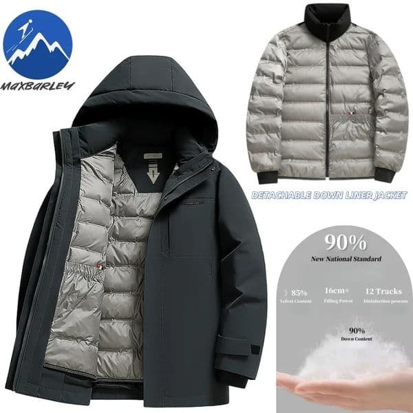 Maxbarley Down Jacket Men Winter 2025 Removable White Duck Down Lined Coat Casual Warm Hooded Parka Puffer 250917