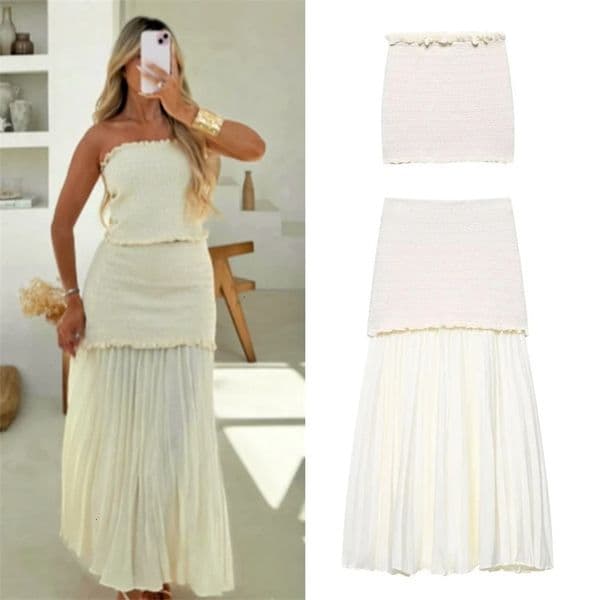 TRAF Elegant Knit Skirt Set Womens Spring Summer 2 Pieces Short Corset Tops Long Skirts Y2k Party Beige Outfit 250604wtt