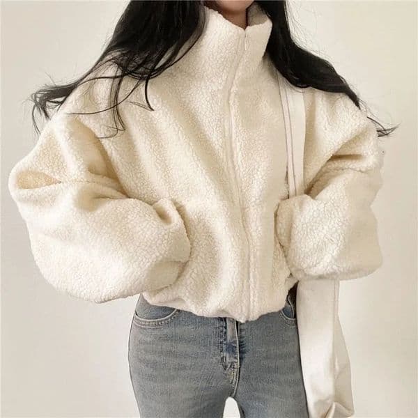 Korean Style Cropped Stand Collar Warm Faux Sheep Velvet Jacket For Women Arrival Loose Fit Cardigan Top For AutumnWinter 250929BJ