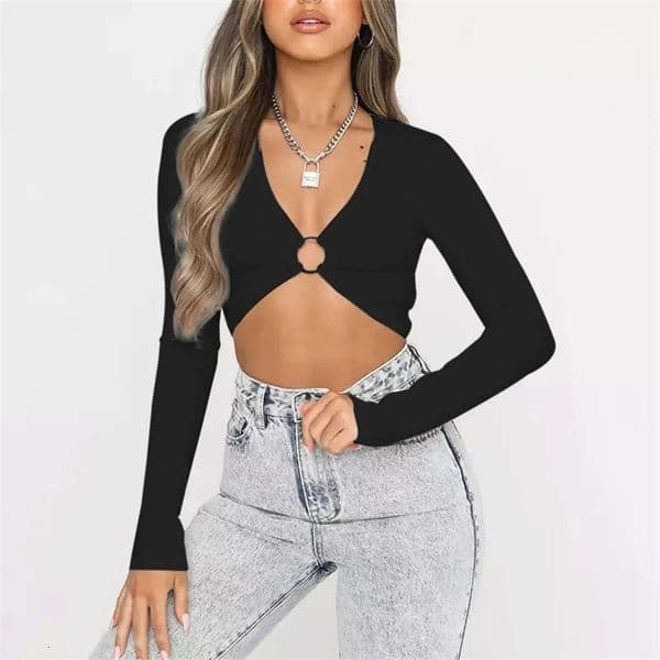 Fashion Summer Short Tops For Women Sexy Deep VNeck Long Sleeve Solid Color Crop Top Ladies Hollow Ring Exposed Navel TShirt 250211