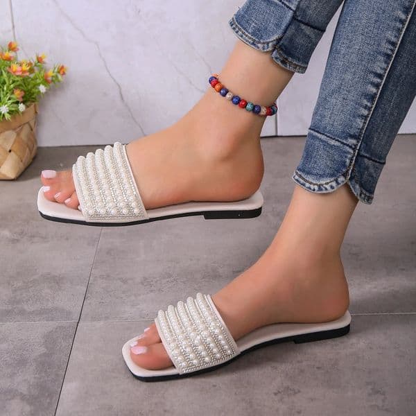 Womens fashionable flat sandals with artificial pearl and rhinestone decoration slippers 250922BJ