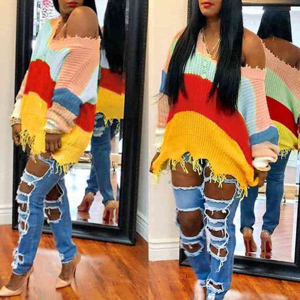 Rainbow Stripe Sweater Women Winter Color Block Patchwork V Neck Tassel Knitted Female Long Sleeve Loose Irregular Pullover 210412w