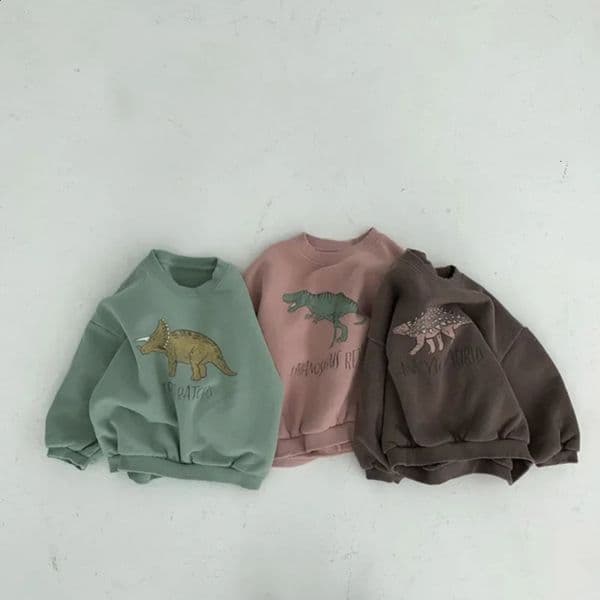 Stock Clearance 8435 Winter Baby Girls Boys Fleece Velvet Warm Long Sleeve Tops Spring Kids Sweatershirt Dinosaur Print Hoodies 240716
