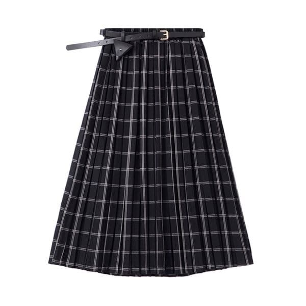 Vintage Pleated Plaid Skirt Women High Waist With Belt Autumn Winter Elegant Japanese Style All-match Daily Female Long Skirts 210417w