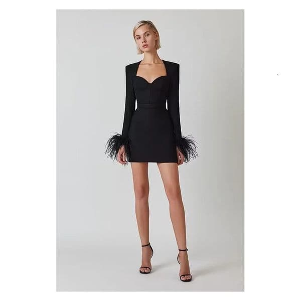Womens Sexy Strapless Bandage Dress Black Feather Long Sleeve Celebrity Evening Party Elegant Mini Dresses 240513w