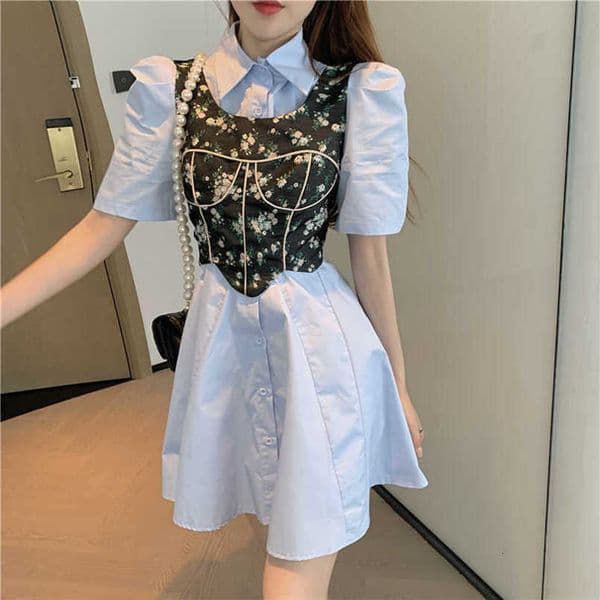 Casual Fashion Korean Style White Puff Short Sleeve Lapel Shirts Dress Mini Sexy Camisole Tops Floral Print Vest Chic Wild 210610w