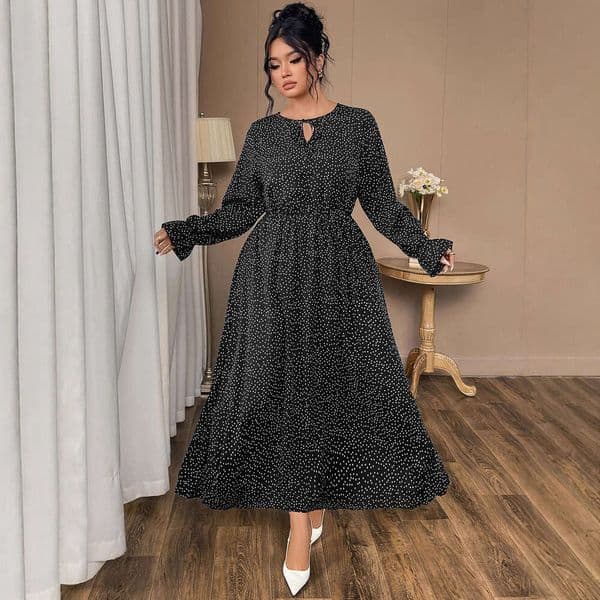 2025 European and American Style Cross-Border Trade Women's Polka Dot Loose Fit Long Sleeve Dress for Plus Size Women