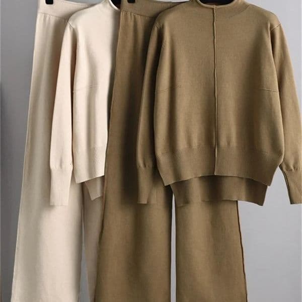 Womens Two Piece Pants Singrainy winter womens knitted twopiece solid sweater topwide leg long pants set loose and warm 231128
