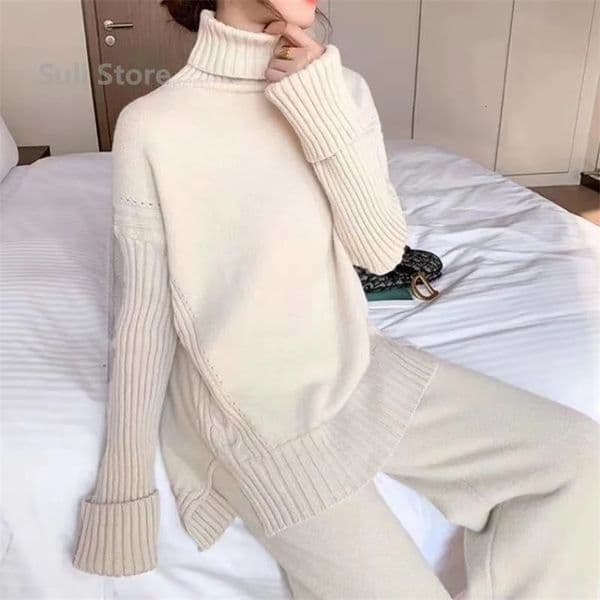 Wool Autumn and Winter Loose Turtleneck Sweater Suit Female Western Style Fashion Wide Leg Pants TwoPiece Set 241018