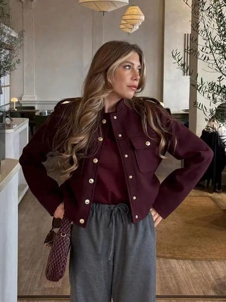 HH Women Vintage Wine Red Coat O Neck Long Sleeve Single Breasted Jacket With Pockets Autumn Casual Office Lady Outerwear 250929BJ
