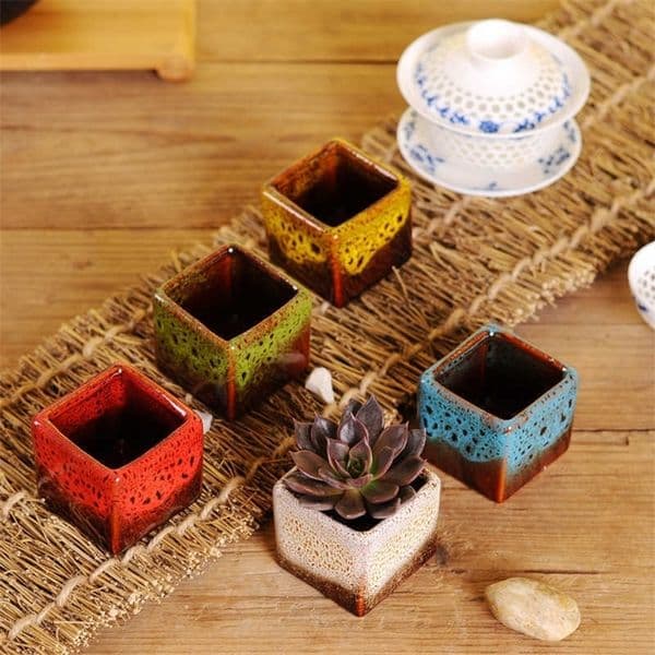 High Temperature Kiln Into Square Small Flower Pots More Meat Basin Simple Multicolored Ceramic Mini Meaty Thumb Basin 210615