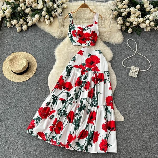 Runway Summer Maxi Skirt Top Suit Two Pieces Womens Outfits Fashion Floral Print Spaghetti Strap Holiday Beach Dress Set M530 240704w
