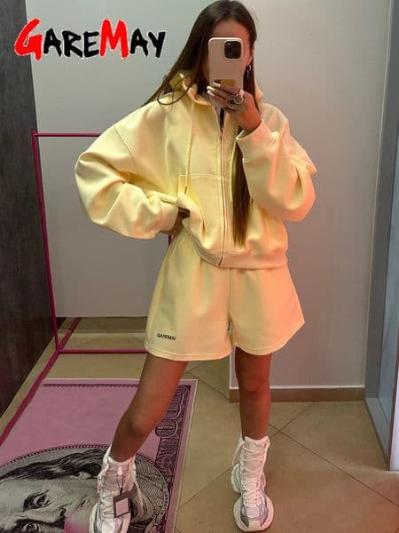 Womens Summer Tracksuit with Shorts Zipper Cotton Oversize Top and Shorts Two Piece Set Casual Sports Yellow Suit for Women 250929