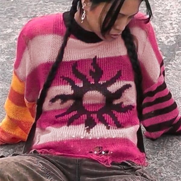 Womens Sweaters Hugcitar Colorful Striped Graphic Print Long Sleeve Cut Out Loose Sweater Fall Women Fashion Party Streetwear Goth Clothes 230822