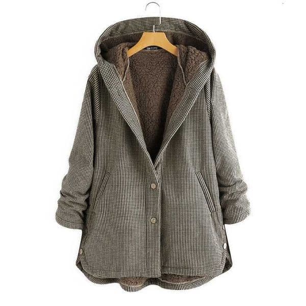 Coat Autumn And Winter Women's Plaid Loose Plus Velvet Buttons High Street Hooded Jacket Manteau Femme En* 211110wtt