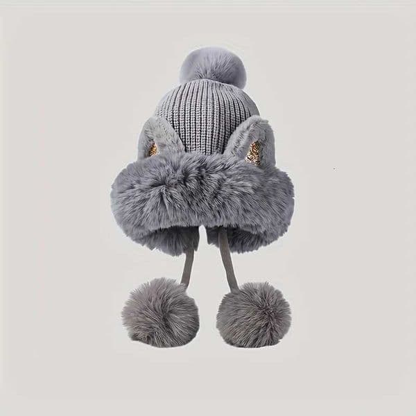 Womens Faux Fur Cat Ear Beanie with Glitter Accents Thick Warm Skull Cap Elastic Cuffed Windproof Winter Hat Plush PomPom Z251007