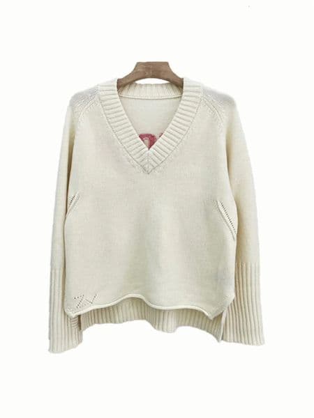 Women Front Short and Back Long n Sweater Back Letter Jacquard 100 Wool Vneck Lady Sides Slit Pullover 250930