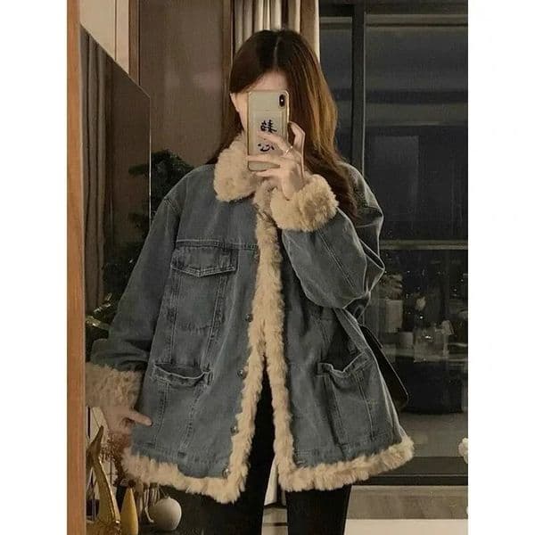 Retro Lambswool Denim Jacket Womens Autumn and Winter 2025 Lambswool Cottonpadded Jacket 250930