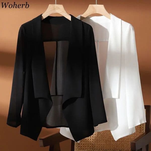 Sun Protection Blazer Korean Jackets Women Womens Fashion Summer Turn Down Collar Outerwear Y2k Tops See Through Coats 250605w